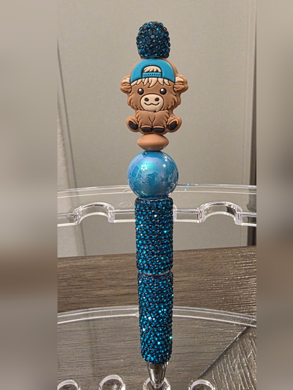 Cute Highland Cow Rhinestone Beaded Pen – Blue & Brown Novelty- Free Refill